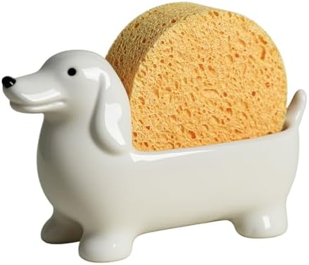 Ceramic Dachshund Shaped Sponge Holder for Kitchen Sink Counter, Sponge Rack, Sink Caddy Organizer