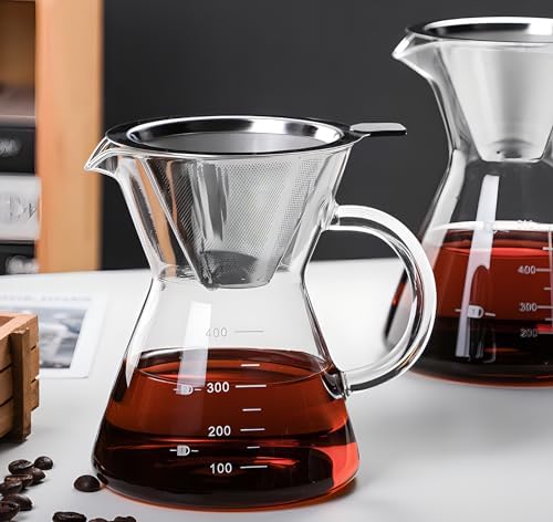 Pour Over Coffee Maker with Reusable Stainless Steel Drip Filter, Glass Drip Coffee Maker Set, Lead-Free Borosilicate Glass Coffee Carafe for 1-2Cup, Clear (400ml/13.5oz)