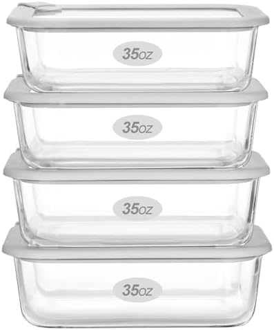 Glass Food Containers with Glass Lid, Microwave Safe Food Storage Container Set, 4 Pack of 35oz, Large Size Airtight Storage Set with Leak Proof Lids, Meal Prep Containers