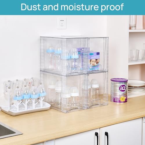 4 Pack Clear Stackable Storage Drawers,9.7" High Plastic Organizers Bins for Skincare, Bathroom Supplies,Ideal for Cabinet,Undersink,Vanity,Kitchen,Pantry Organization
