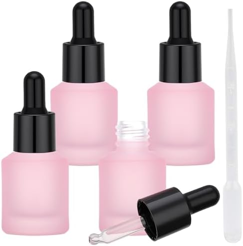 Segbeauty 0.5oz Frosted Glass Bottle with Dropper for Essential Oils, 15ml Small Travel Glass Dropper Bottle Refillable, 4pcs Pink Empty Travel Size Bottles for Hair Oils Liquids with Transfer Tool by Segbeauty
