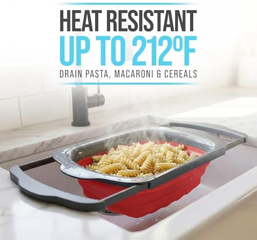 Red Collapsible Silicone Over-Sink Colander – 6 Qt – Extendable