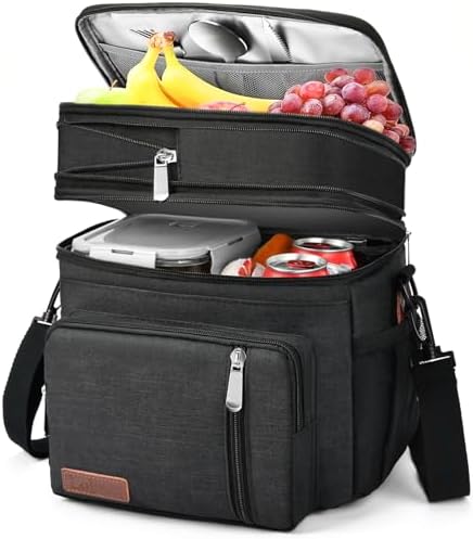 Lunch Box & Lunch Bag for Men & Women, Expandable Double-deck Expandable Large Insulated Cooler Lunch Bag with Shoulder Strap, Leakproof Durable Adult Lunch Box for Work, Picnic, 16L, Black