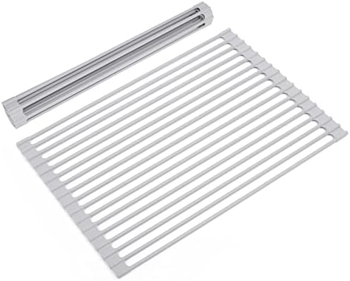 Roll Up Dish Drying Rack Over Sink, 17.5" x 13" Silicone Coated Stainless Steel Sink Drying Rack, Foldable Dish Drainer Rack for Kitchen Counter, Heat Resistant, Non-Slip, Space Saving, Gray