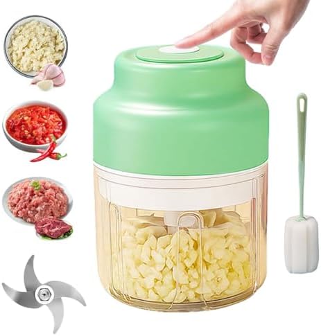 Electric Garlic Chopper, Mini Food Processor, Mini Portable Veggie Chopper with 4/6 Stainless Steel Blades, Rechargeable Small Food Processor for Garlic, Onion, Chili, Ginger, Nuts (Green, 250ML) by WarmCozyHome