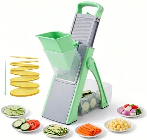 Mandoline Slicer Vegetable Cutter with Container - No Blade Change Needed, Adjustable 0.1-8mm Thickness, Stainless Steel, Hand Guard, Julienne Waffle Cuts for Meal Prep (Green) by PONDI