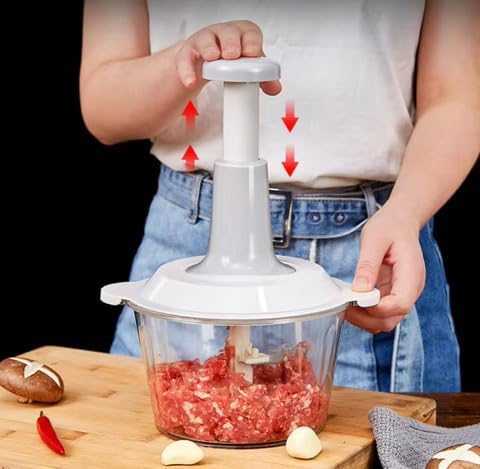 Manual Food Chopper with 1.5L Container, Push-Down Vegetable and Meat Cutter, Stainless Steel Blades. - Image 3