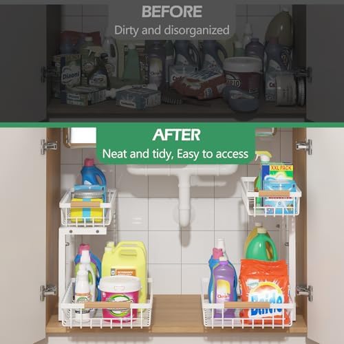 Under Sink Organizer 2 Packs, Pull Out Kitchen Sink Organizer, 2 Tier Slide Out Kitchen Organizers and Storage Bathroom Under Cabinet Storage Shelf, White