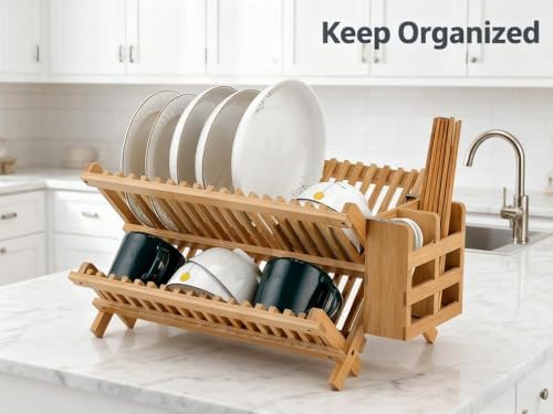 Dish Drying Rack Collapsible 2-Tier Bamboo Dish Rack for Kitchen Counter Wooden Dish Drainer with Foldable Space-Saving Design for Dishes, Plates, and Cups
