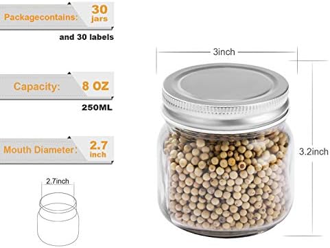 Mason Jars 8 oz 30 Pack Small Glass Caning Jars with Silver Lids