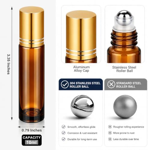 12 Pack 10ml Amber Roller Bottles, Gold Caps for Essential Oils - Image 3