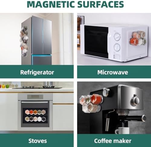 Set of 10 Magnetic Spice Jars for Refrigerator, Glass Small Hexagon Magnet Seasoning Containers with Labels, Shaker Lids, Fridge Magnetic Spice Rack Organizer with Jars