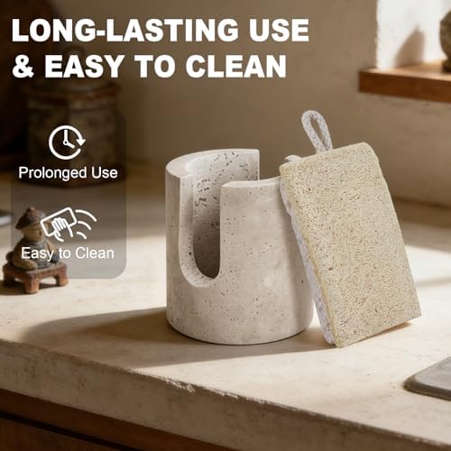 Natural Travertine Sponge Holder for Kitchen Sink w A Plant-Based Sponge