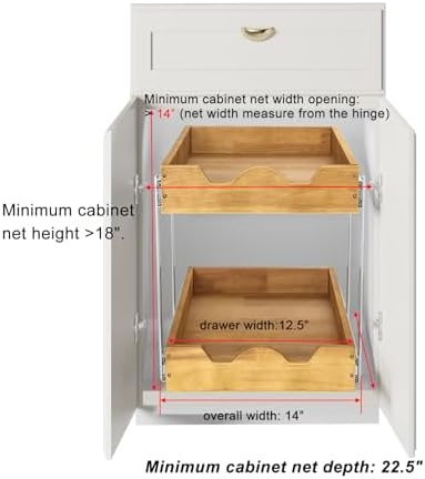 2 Tier Pull Out Cabinet Organizer (14" W x 21" D) Double Tier Slide Out Wood Drawer Under Cabinet Storage And Organization