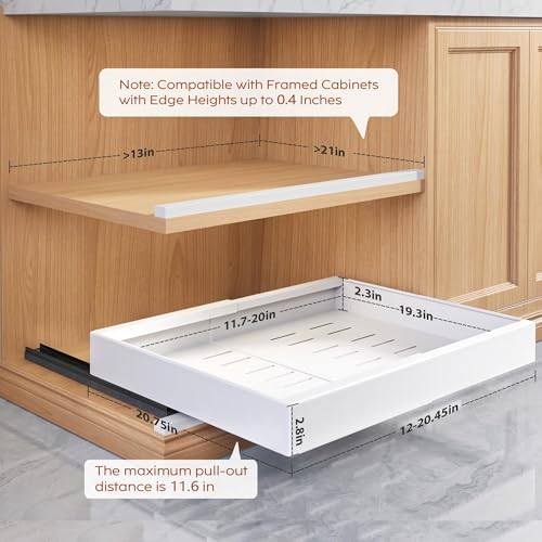 2 Pack Pull Out Cabinet Organizers 21"Deep with Raising Pad for Framed Cabinets,Expandable Slide Out Drawers Upgrade 3 Slide Rails,Roll Out Shelves Adhesive,Adjustable Width 12"-20.45" White