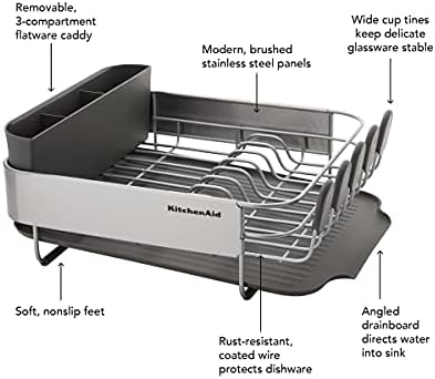 KitchenAid Compact, Space Saving Rust Resistant Dish Rack, with Angled Self Draining Drain Board and Removable Flatware Caddy, 16.06-Inch, Gray