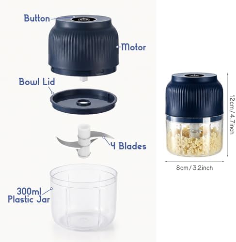 Electric Garlic Chopper, 2026 New Mini Food Processor & Food Chopper for Kitchen, Portable Cordless Garlic Mincer with 4 Stainless Steel Blades, Small Vegetable Chopper for Onion Salad (300ML Blue) - Image 5