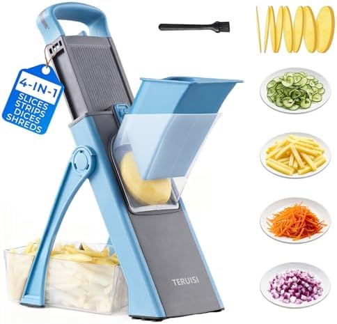 Safe Mandoline Slicer Multi Vegetable Chopper, Foldable 4 in1 Fruit Slicer Dice Strip Shred Veggie Cutter with 0-8mm Thickness Adjustable Built in Blades, Detachable Salad Chopper by TERUISIStore