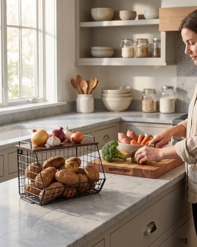 2 Pack Stackable Potato Storage Bins, Extra Large Pantry Organizer and Storage, Fruit Basket for Kitchen Counter, Potato and Onion Storage Bin with Wide Opening, Wall Mounted Vegetable Storage Basket