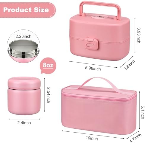 Bento Lunch Box with 8oz Soup Thermo, Kids Sustainable Bento Box Leakproof Lunch Food Containers with Lunch Bag, Kids Thermo Insulated Hot Food Jar for School, Trvael (Pink)