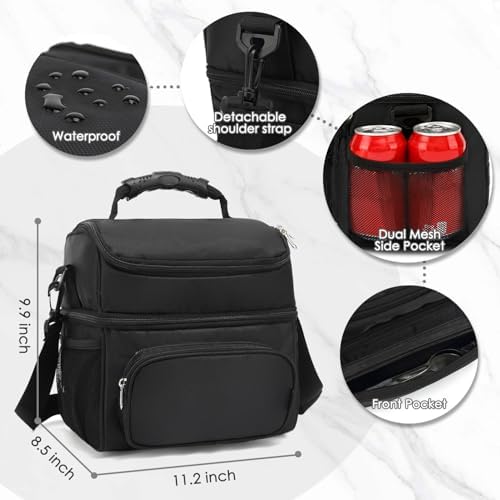 Double Layer Cooler Insulated Lunch Bag Adult Lunch Box Large Tote Bag for Men, Women, With Adjustable Strap,Front Pocket and Dual Large Mesh Side Pockets