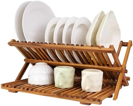 Large Teak Dish Drying Rack, Wood Collapsible Organizer for Plates