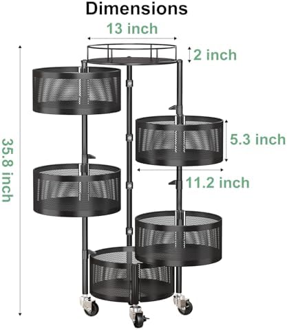 5 Tier Fruit Vegetable Basket Stand for Kitchen, Rotating, Black