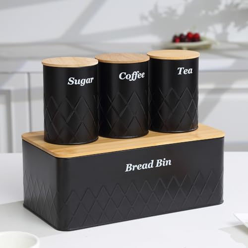 Black Metal Bread Box with Cutting Board,3 Canisters for Kitchen