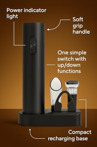 5 in 1 AA Battery Operated Electric Wine Opener Set – Automatic Wine Bottle Opener with Storage Base, Vacuum Stopper, Foil Cutter & Aerator Pourer and Easy Cork Removal