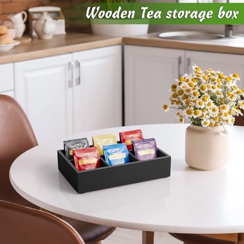Tea Bag Organizer, Tea Bag Drawer Organizer, Wooden Tea Bag Holder, Tea Chest with 6 Compartments, Tea Organizer Storage Box, Tea Caddy for Tea Bags Organizer, Black