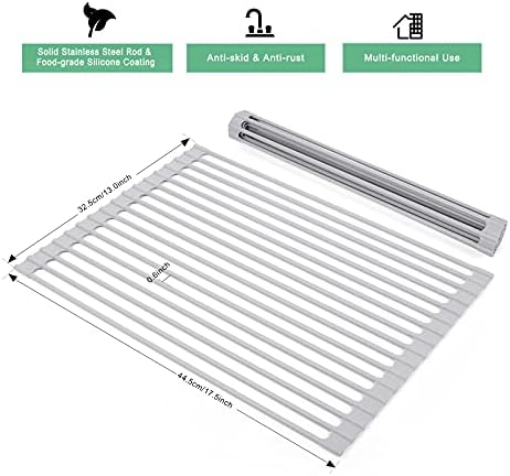 Roll Up Dish Drying Rack Over Sink, 17.5" x 13" Silicone Coated Stainless Steel Sink Drying Rack, Foldable Dish Drainer Rack for Kitchen Counter, Heat Resistant, Non-Slip, Space Saving, Gray
