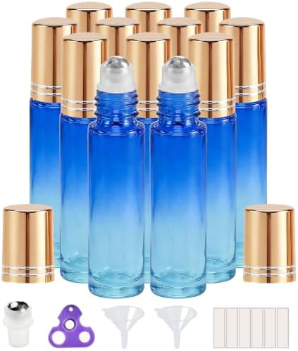 PrettyCare 12 Pack, 10 ml Essential Oil Roller Bottles with Stainless Steel Roller Ball - Refillable Leak-proof Empty Thick Blue& Yellow Glass Roll on Bottles with Golden Caps for Travel, Perfume by PrettyCare