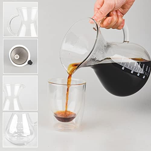 Pour Over Coffee Maker with Reusable Double-layer Stainless Steel Filter, 600ml/20oz BPA-Free Glass Coffee Carafe, Glass Coffee Maker, Coffee Dripper Brewer