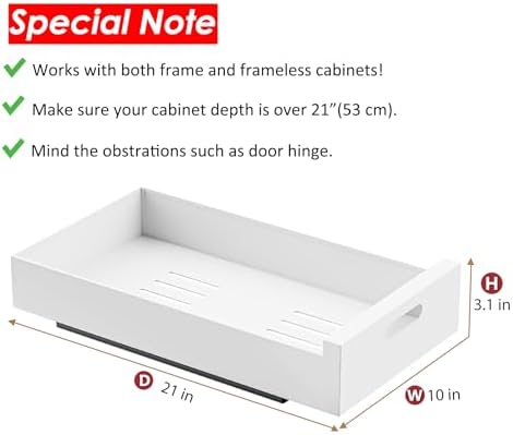 1 Pack | 21" Deep Pull Out Cabinet Organizer Adhesive, 10-Inch Wide Sturdy Carbon Steel Roll-Out Drawers, Designed for Frameless Cabinets, Slide-Out Shelves for Pantry.