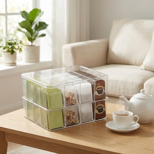 16 Compartment Acrylic Tea Bag Organizer with Lid (2 Pack)