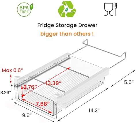 Large Fridge Under Shelf Drawer, Pull Out Refrigerator Drawer Organizer Fridge Organizer Bins, Fridge Storage Container Holder for Produce, Deli Meat, Cheese, Bacon, Easy to Install-L
