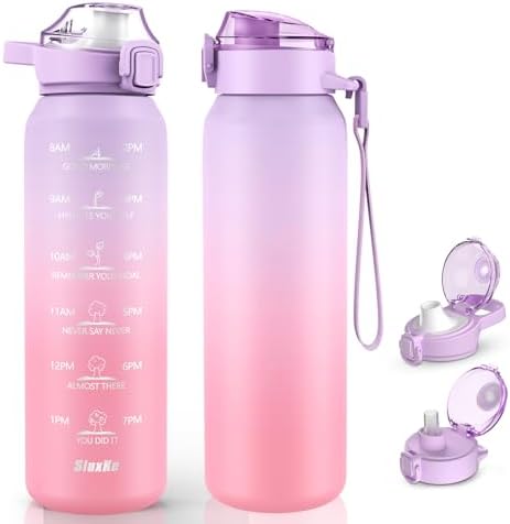 Stainless Steel Insulated Water Bottle 32oz with Handle, 1L Double Wall Insulated Bottle with Time Marker BPA Free, 1000ml Metal Water Flask for Outdoor Working School PURPLE PINK