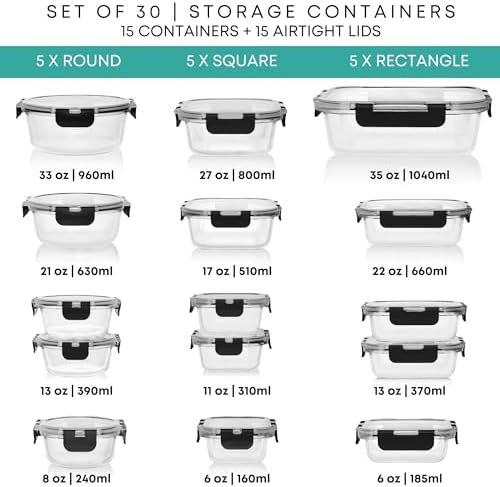 30 PC Glass Food Storage Containers with Lids - Reusable Glass Meal Prep Containers for Lunch and Leftovers - Airtight & Leakproof Snap Locking Lids - Oven, Freezer, Microwave, Dishwasher Safe