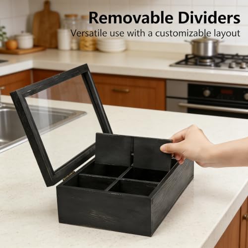 Wooden Tea Box with Lid & 8-Compartment, Weathered Black