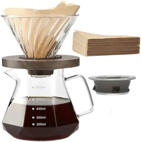 Pour Over Coffee Maker, 20 oz Borosilicate Glass Carafe with 100 pcs V60 Paper Filter, Walnut Handle & Glass Lid, Drip Coffee Maker for Home Café Restaurant Camping, 600 ml, Clear