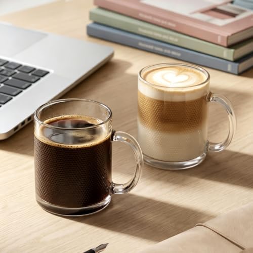 12oz Clear Embossed Glass Coffee Mugs Set of 12, Glass Mugs with Handles