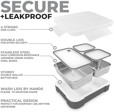 Stainless Steel Big Bento Lunch Box Set For Adults, Kids - Insulated Bag and Ice Pack - Large Leak-Proof Metal Compartment Meal Prep Food & Snack Containers for Work Travel School, 42 oz Grey Black