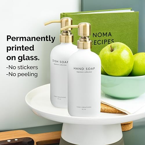 White Glass Soap Dispenser Set, Dish Soap and Hand Soap Dispenser Set with Stainless Steel Pump, 16 oz Glass Dispensers for Kitchen or Bathroom Decor (Matte White Bottle/Brushed Brass)