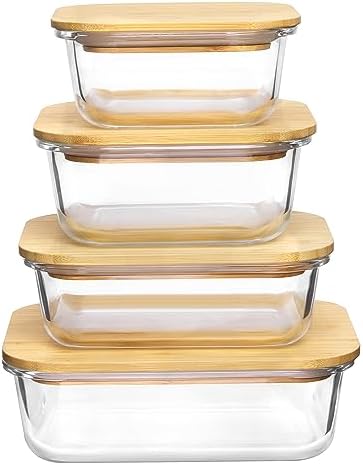 4 Pack Glass Food Storage Containers with Bamboo Lids Meal Prep