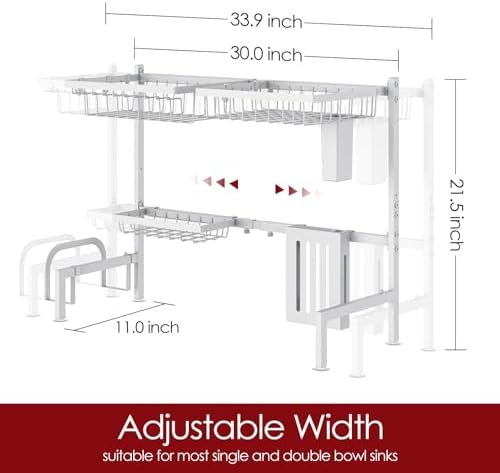 Over The Sink Dish Drying Rack - Adjustable 2 Tier Large Capacity Stainless Steel Drainer with Cutlery & Utensil Holders, Kitchen Storage & Organization, 30"-33.9" L x 11" W x 21.5" H, White