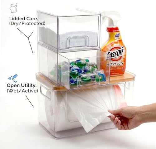 Under Sink Organizer 3 in 1, Stackable Acrylic Bathroom Storage, Trash Bag Dispenser and Dishwasher Pods Holder for Kitchen and Laundry Room Organization