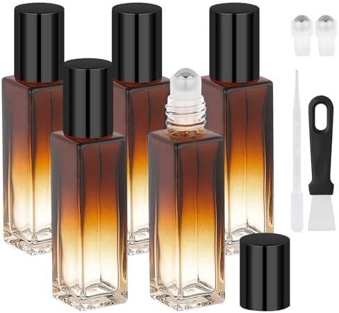 Segbeauty 0.34oz Glass Roller Bottles for Essential Oils, 5pcs Amber Refillable Roll On Bottles, 10ml Empty Rollerball Bottle for Oil, Small Travel Size Containers for Perfume with Dispensing Tools by Segbeauty