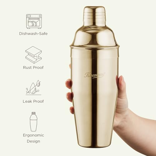 Cocktail Shaker Set, Stainless Steel Bartending Kit with 25 Ounce Cocktail Shaker with Built in Drink Strainer, Measuring Jigger, Mixing Spoon & Drink Recipe Guide, Gold