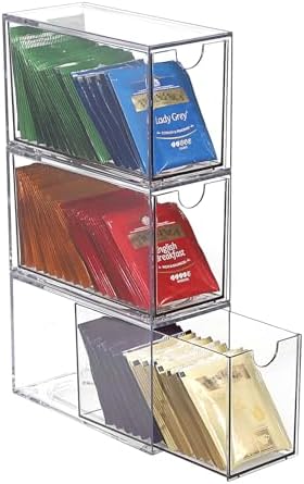 3 Drawers Tea Bag Organizer, Clear Acrylic Stackable Tea Bag Storage Holder for Kitchen Pantry, Coffee Pod Snack Storage for Countertop Cabinet