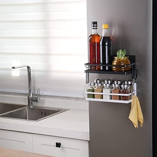 Magnetic Spice Rack with 4 Removable Hooks, Strong Magnet Spice Shelf for Spices, Cooking Oils, Salt, Pepper, Works Perfectly on the Side of Refrigerator for Small Kitchen/Apartment (Black)